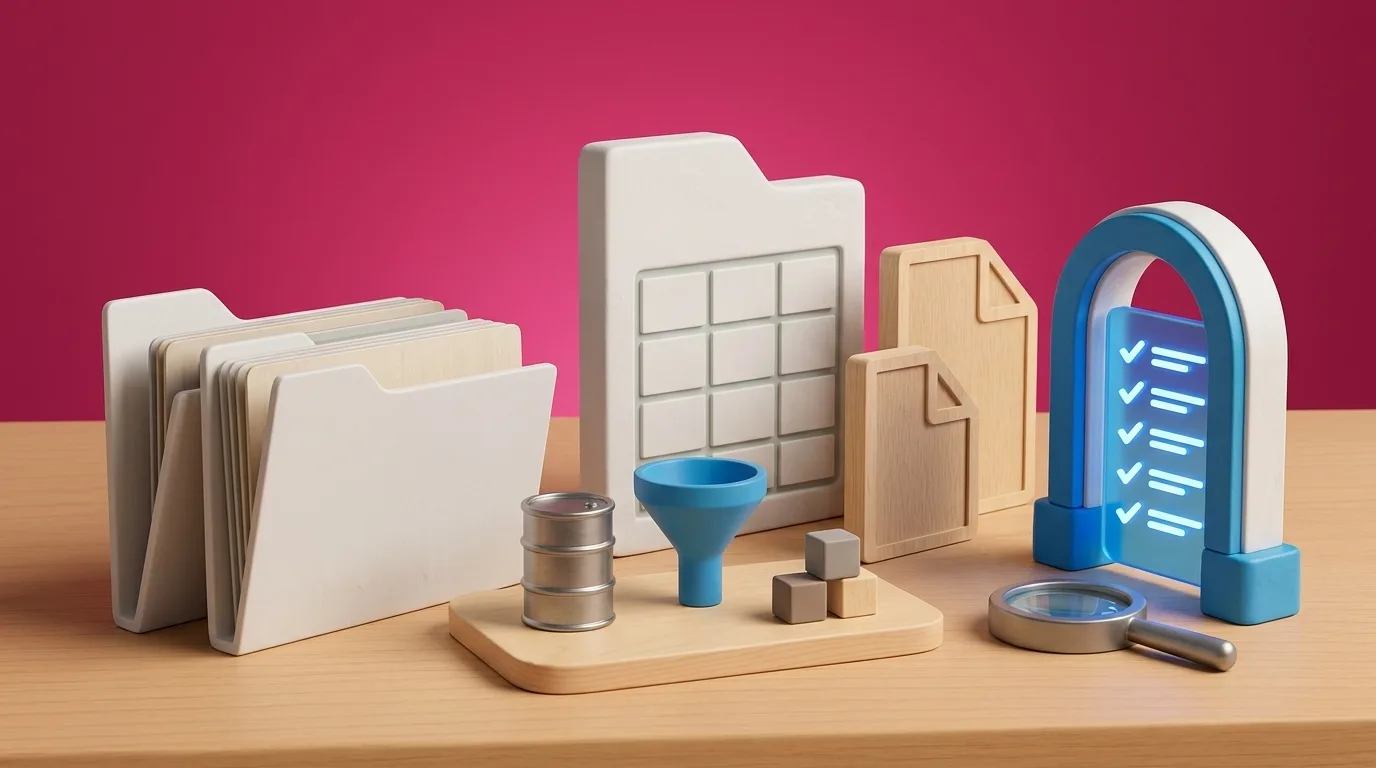 Folders, a product data sheet and a checklist arch representing a prepared ecommerce product catalog