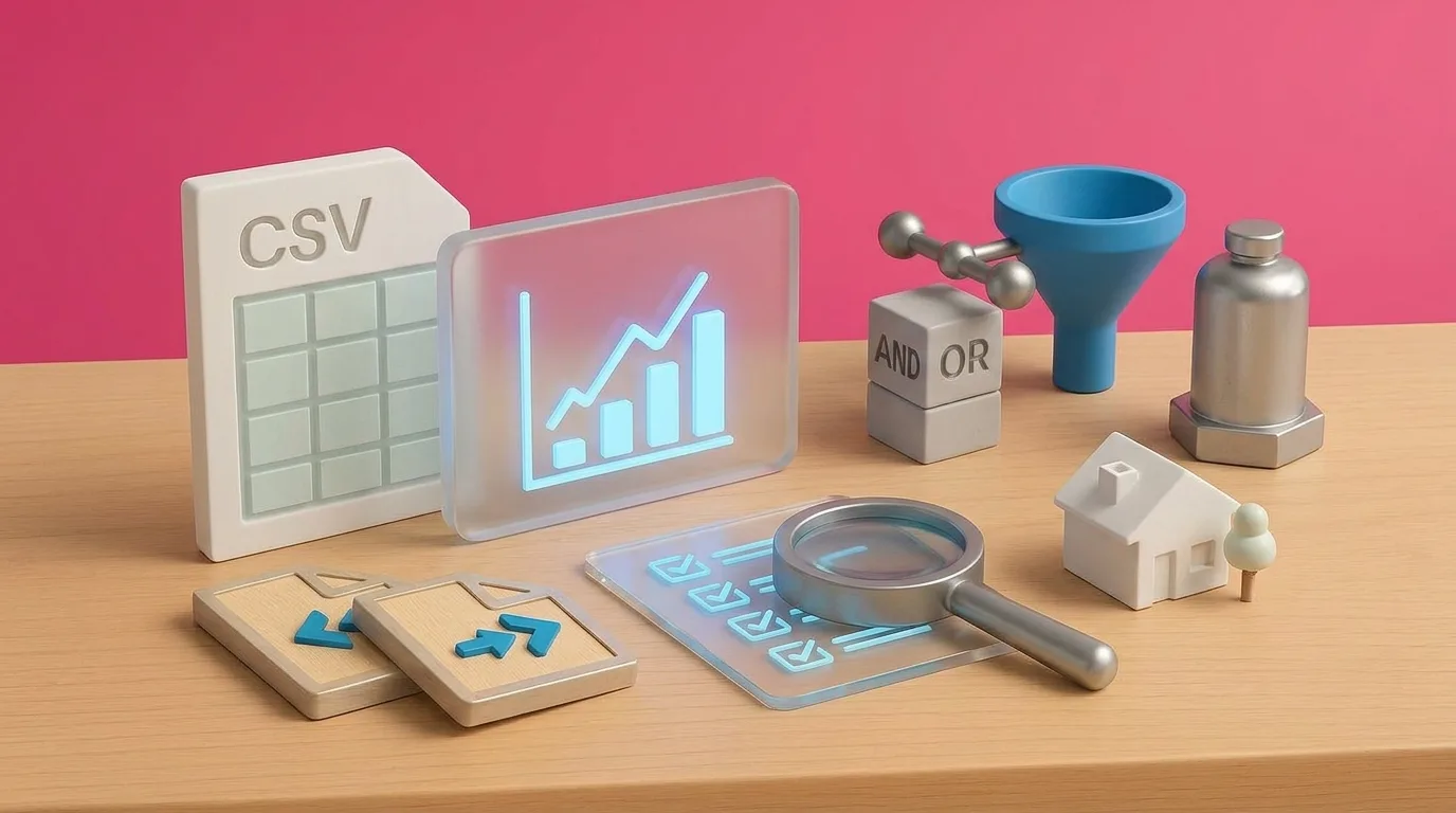 CSV file, filter funnel and analytics panel representing structured ecommerce product data