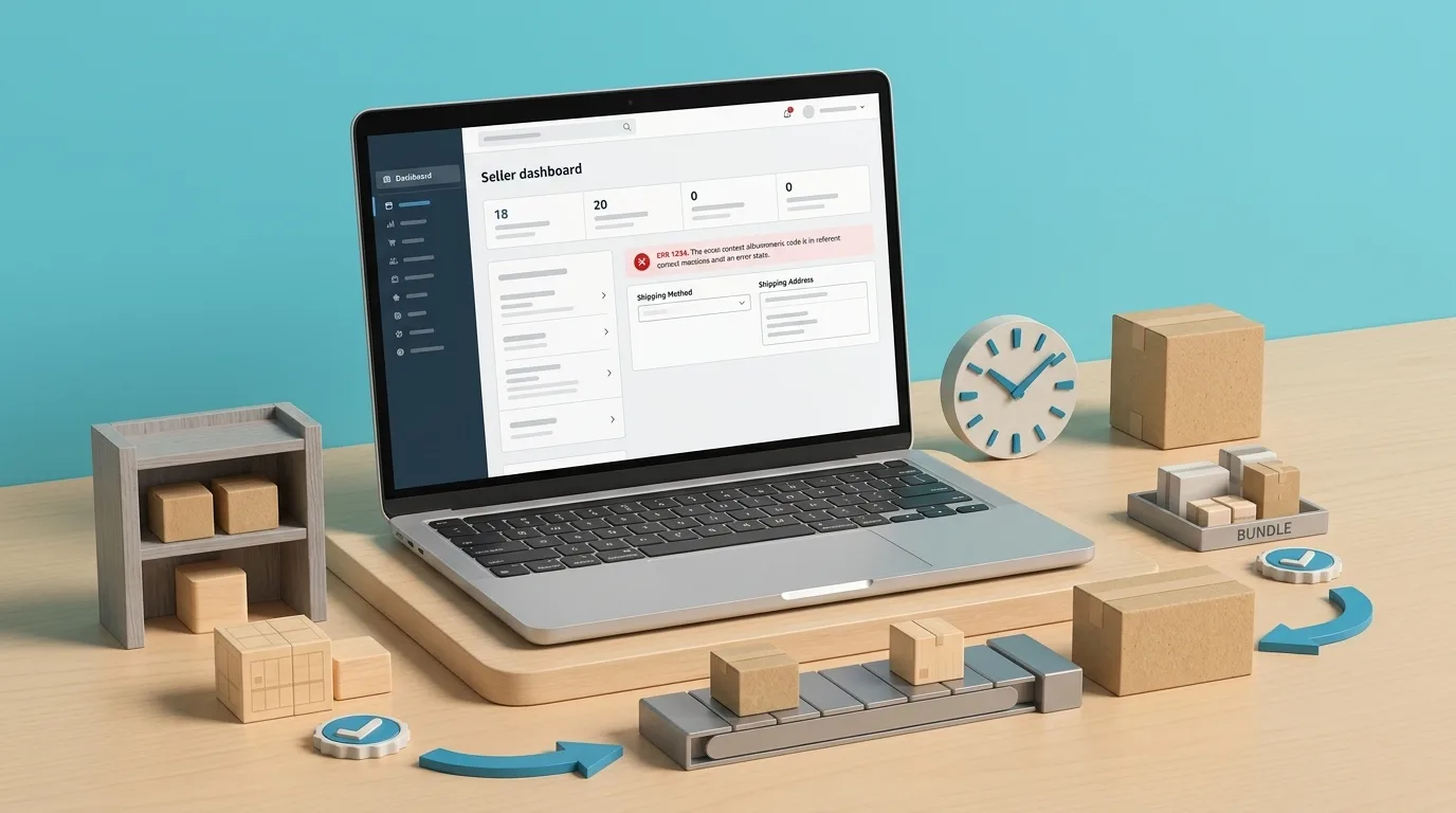 Laptop with an order dashboard beside parcels, a clock and a conveyor