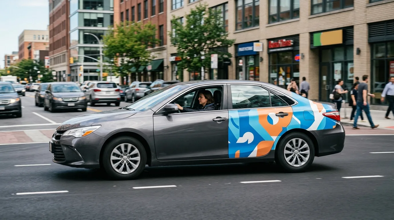 A car with a partial wrap advertisement, driving on a city street, showing good visibility.