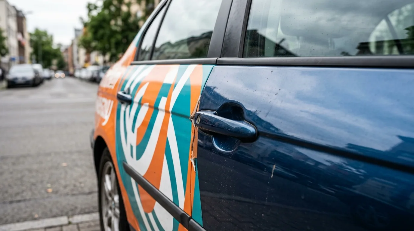 Een close-up van een auto met autoreclame, waarbij de details van de belettering en de lak zichtbaar zijn.