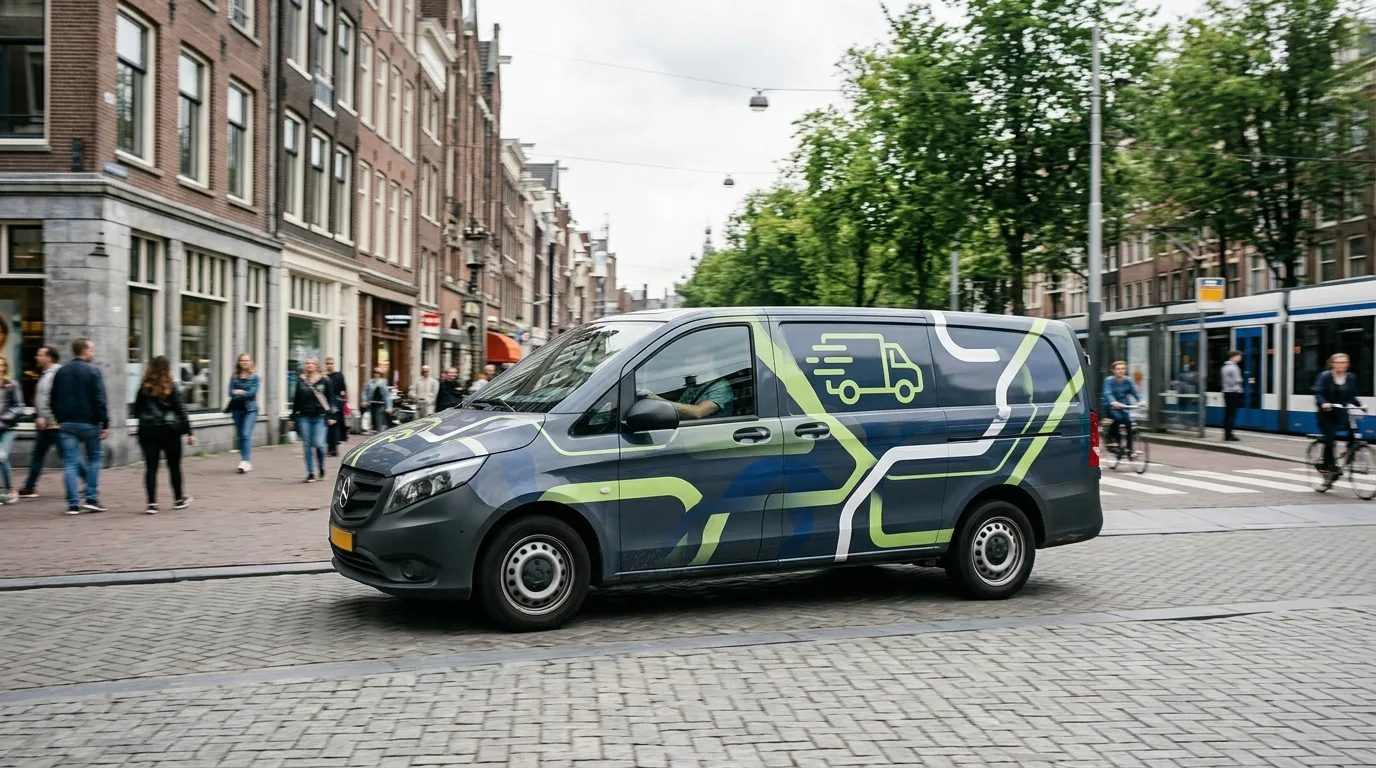 Een auto voorzien van professionele autoreclame, rijdend door een stedelijke omgeving.