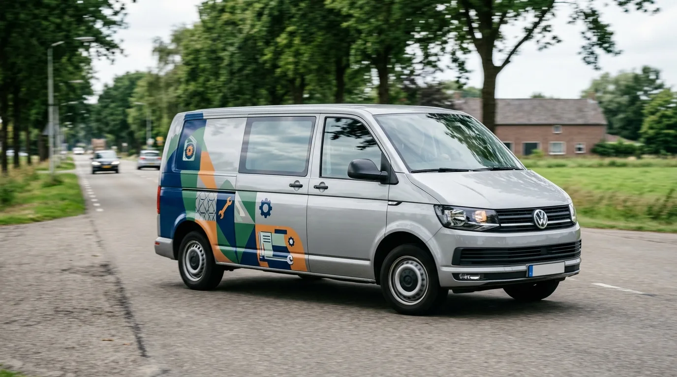 Een nette auto met professioneel aangebrachte autoreclame, rijdend op de weg.
