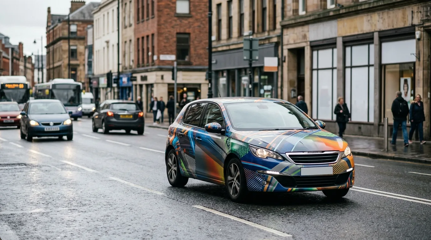 Een auto met een volledige reclame-wrap die door een stad rijdt.