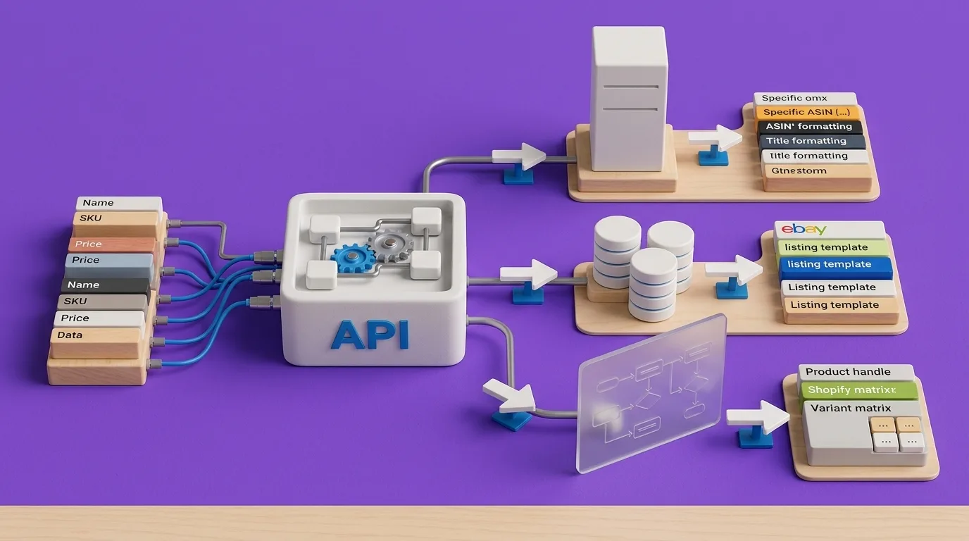 API block routing product data to different listing templates and channel catalogs
