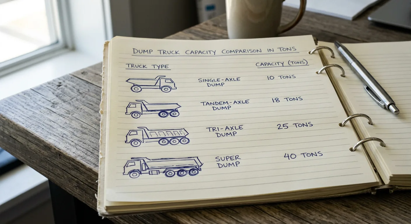 Comparative chart showing single-axle, tandem-axle, tri-axle, and super dump truck capacities in tons, with visual truck silhouettes