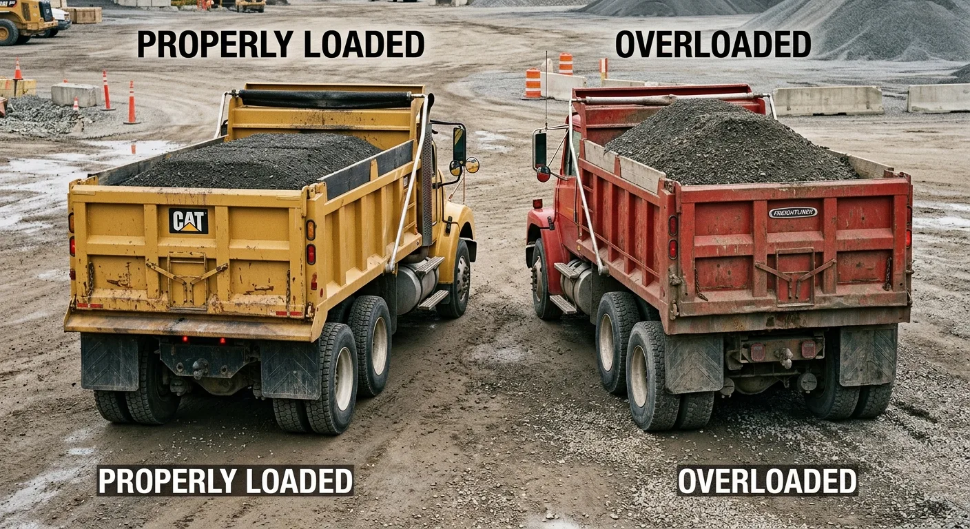 Side-by-side comparison showing a properly loaded dump truck versus an overloaded truck with sagging suspension and bulging tires, with safety warning indicators