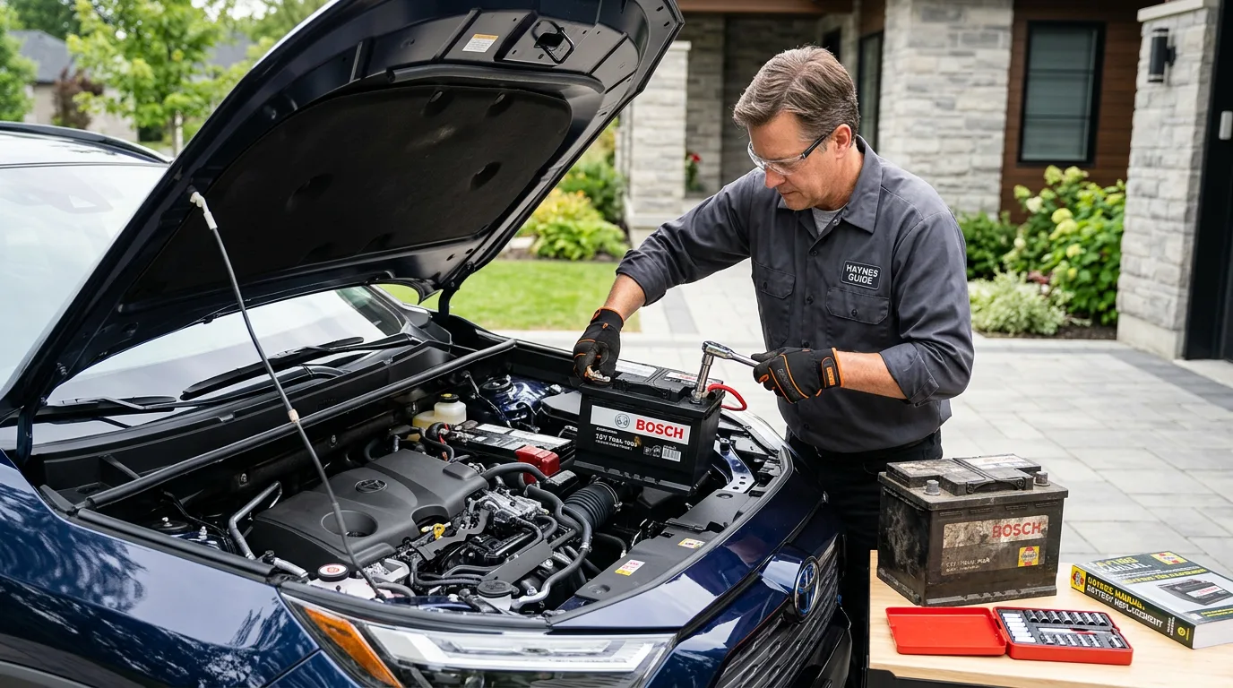 Close-up of a mechanic in gloves installing one of several new car batteries into a modern engine bay with a wrench