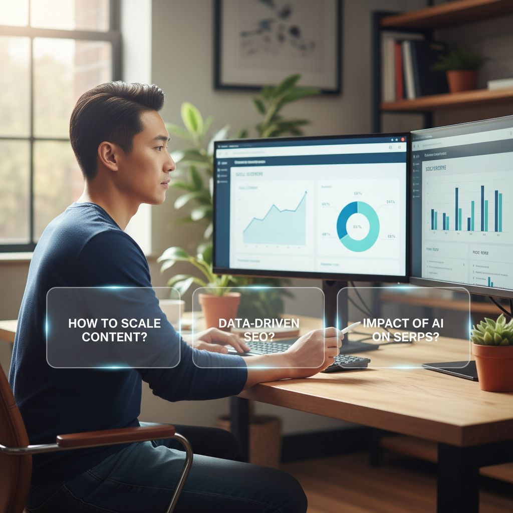 A clean Q&A layout graphic showing a person reviewing SEO performance dashboards with structured FAQ cards overlaid, representing common programmatic SEO questions being answered with data-backed clarity