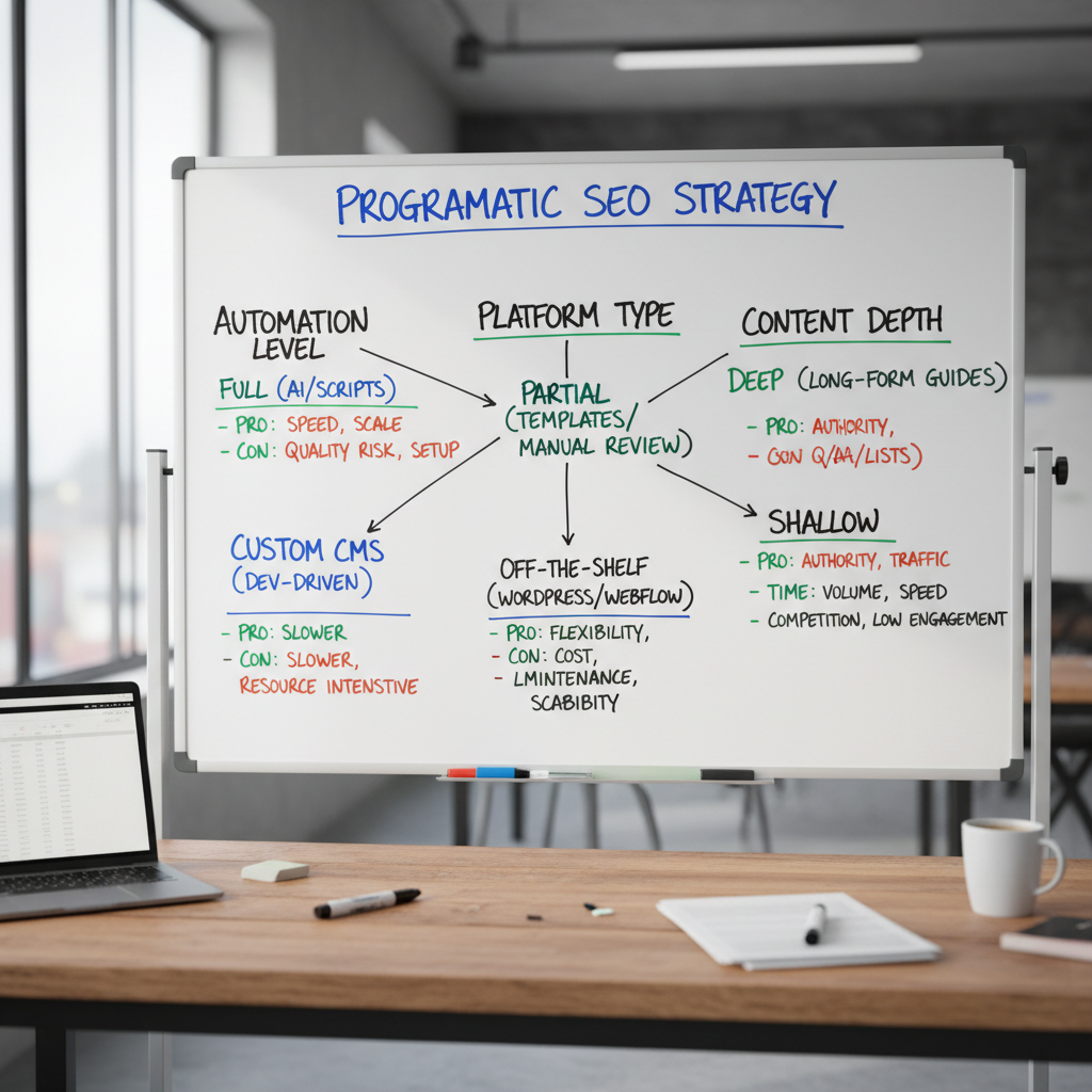 A strategic decision-making diagram showing branching paths for programmatic SEO choices: automation level, platform type, and content depth, with pros and cons at each branch