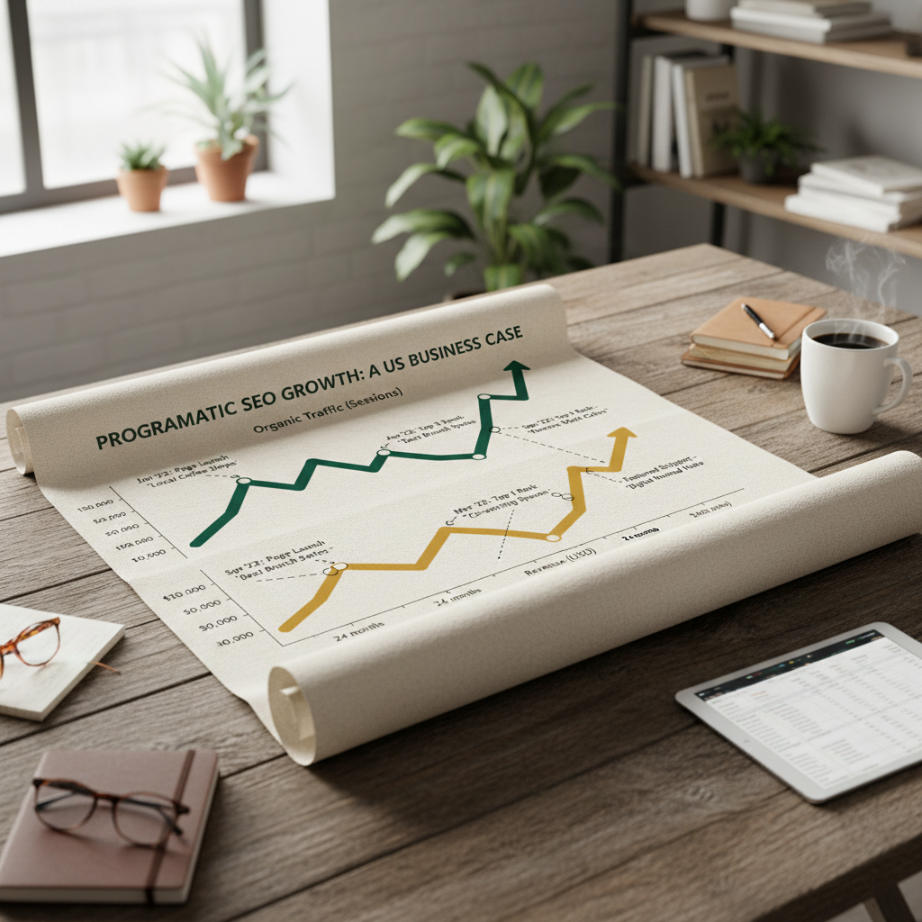 Infographic showing growth in organic traffic and revenue over time for a US business using programmatic SEO, with annotated milestones for page launches and ranking gains