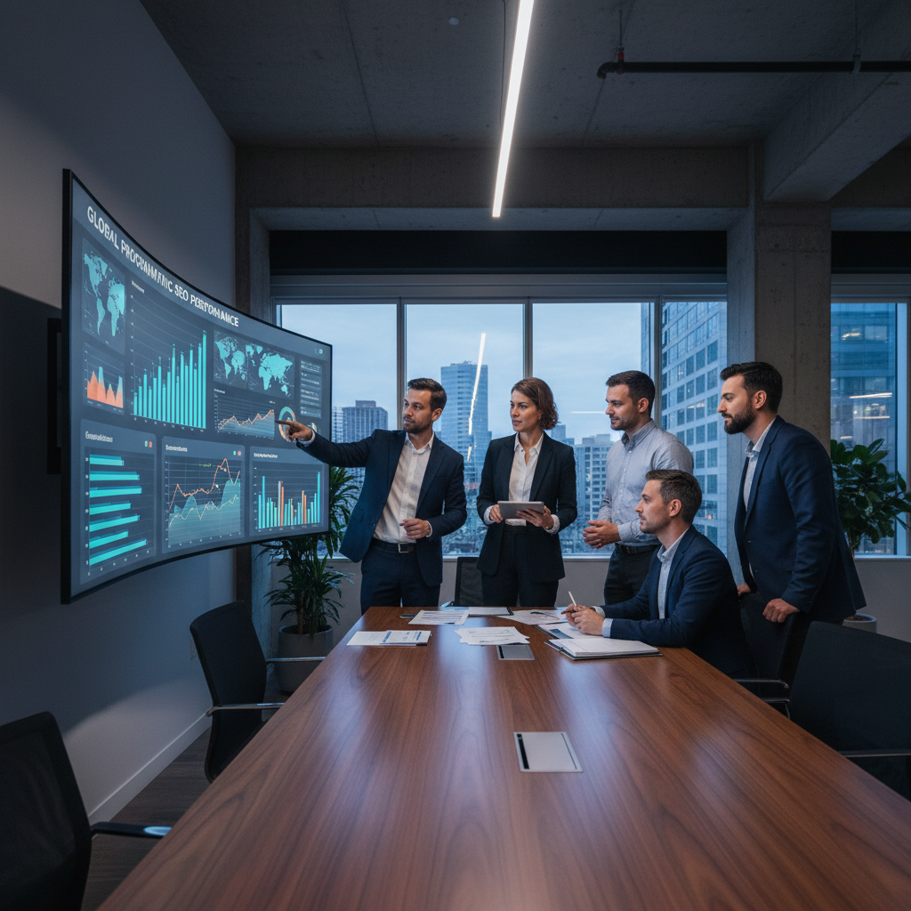 A wide-angle photo of a modern US-based marketing team reviewing a large programmatic SEO performance dashboard on a wall-mounted screen, conveying scale, data confidence, and strategic oversight