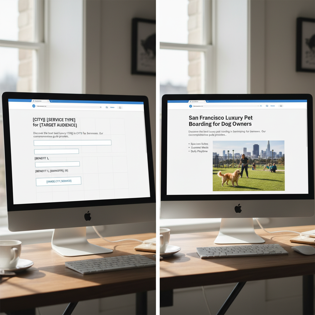 A side-by-side visual showing a blank programmatic SEO template on the left with labeled dynamic fields, and a fully populated, published page on the right, illustrating how data fills each section.