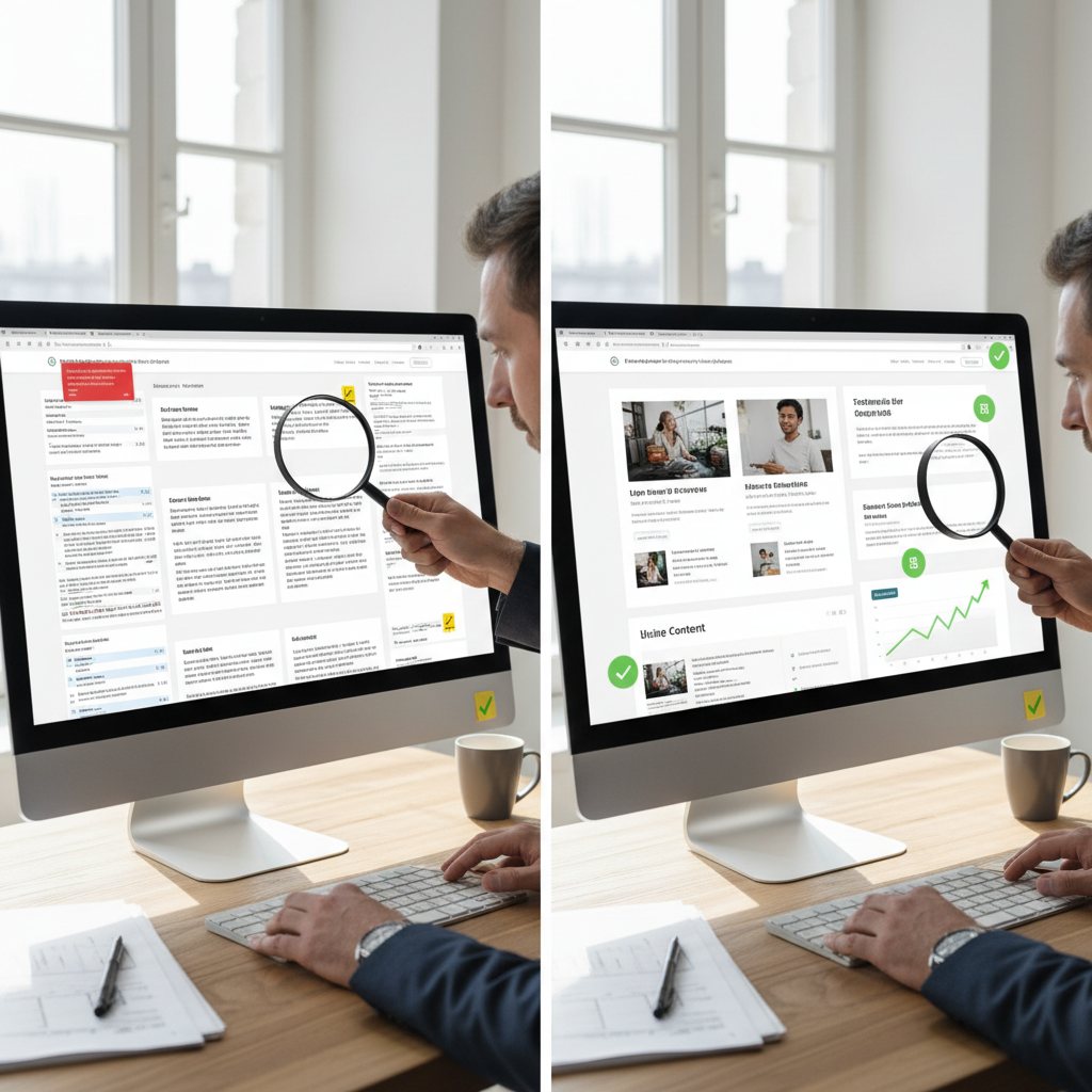 A split-screen visual showing a poorly structured programmatic page with duplicate content warnings on one side, and a clean, well-optimized programmatic page with strong SERP performance indicators on the other