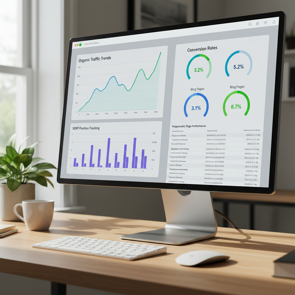 A clean analytics dashboard showing organic traffic trends, serp position tracking, and conversion rates for a large set of programmatic pages, displayed on a desktop monitor