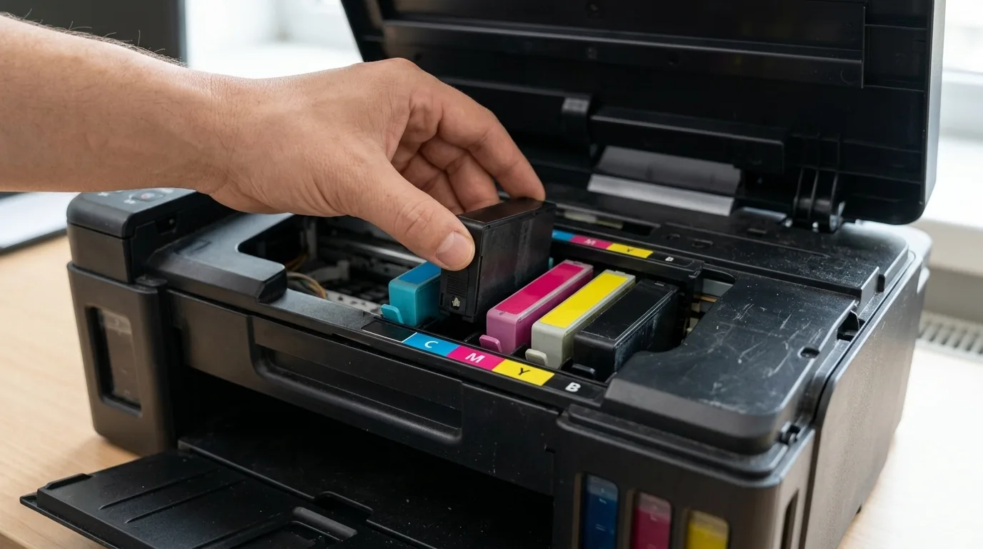 Inktcartridge klikt vast in het kleurgecodeerde vak van een geopende inkjetprinter