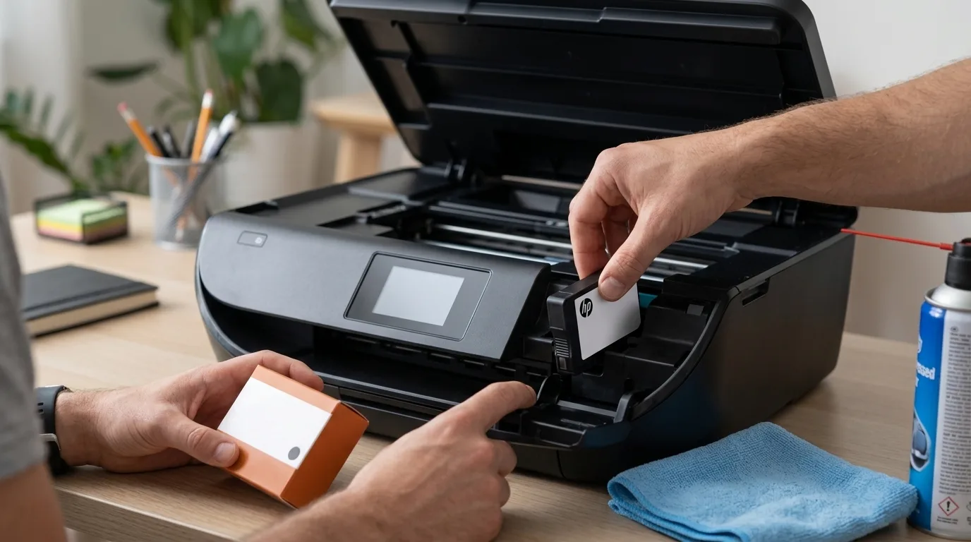 Stappenplan: HP printer herkent cartridge niet - photorealistic editorial photograph
