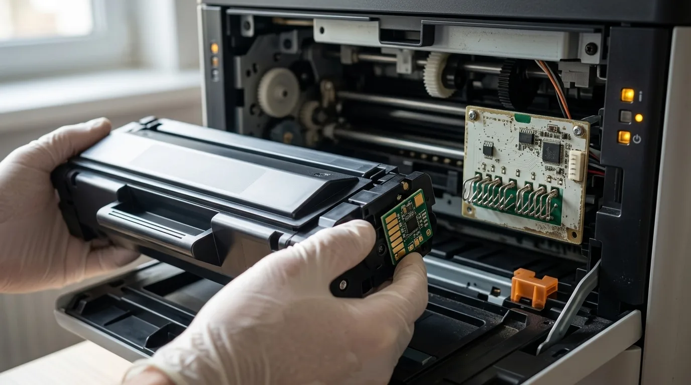 Vinger drukt op aan-uitknop van inkjetprinter