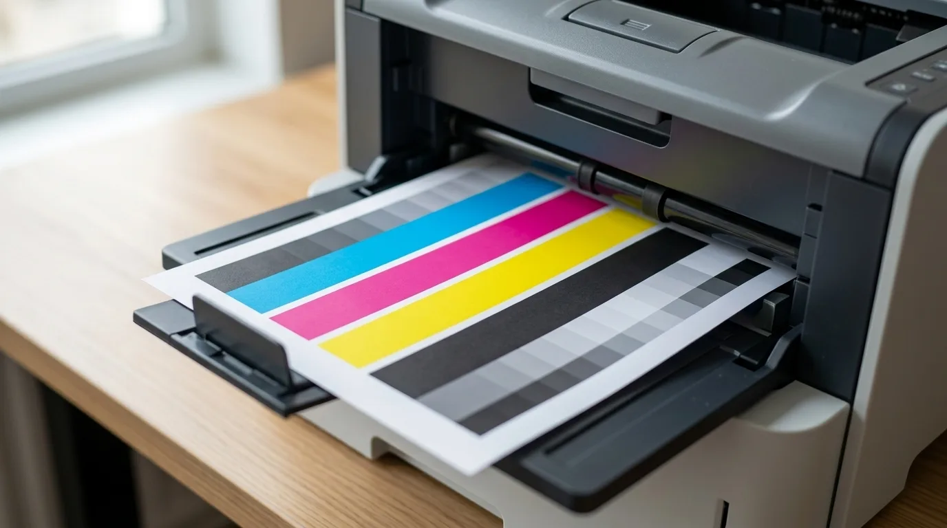 Testpagina met scherpe kleurbalken uit printer
