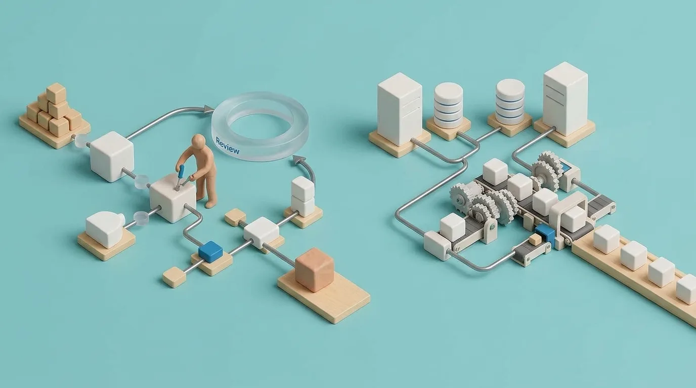 Connected workflow stations with a review checkpoint representing a human-in-the-loop listing workflow