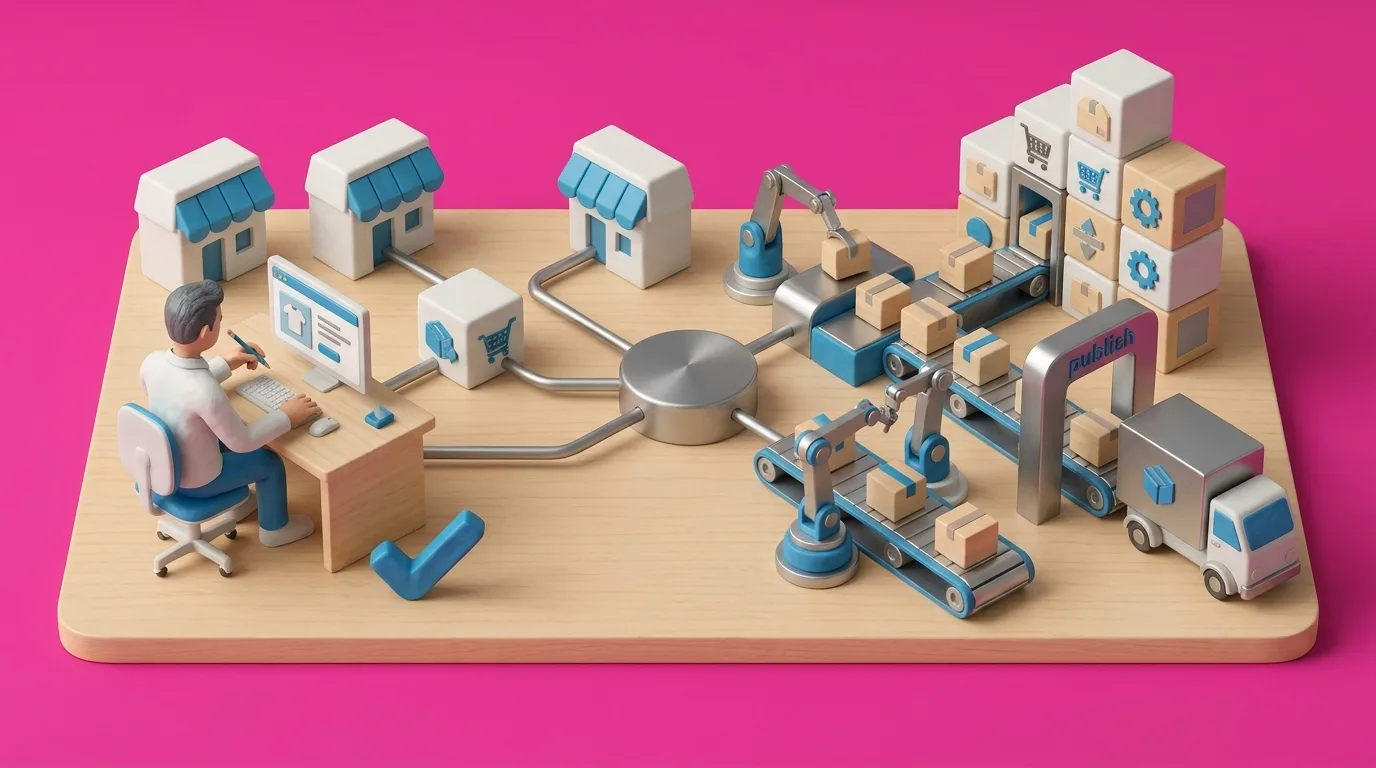 Workflow from storefronts through a central hub and a review station to packed orders and a delivery truck