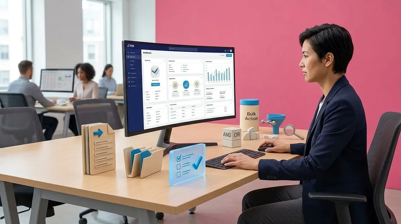 Operations specialist reviewing a listing dashboard on a large monitor in an office