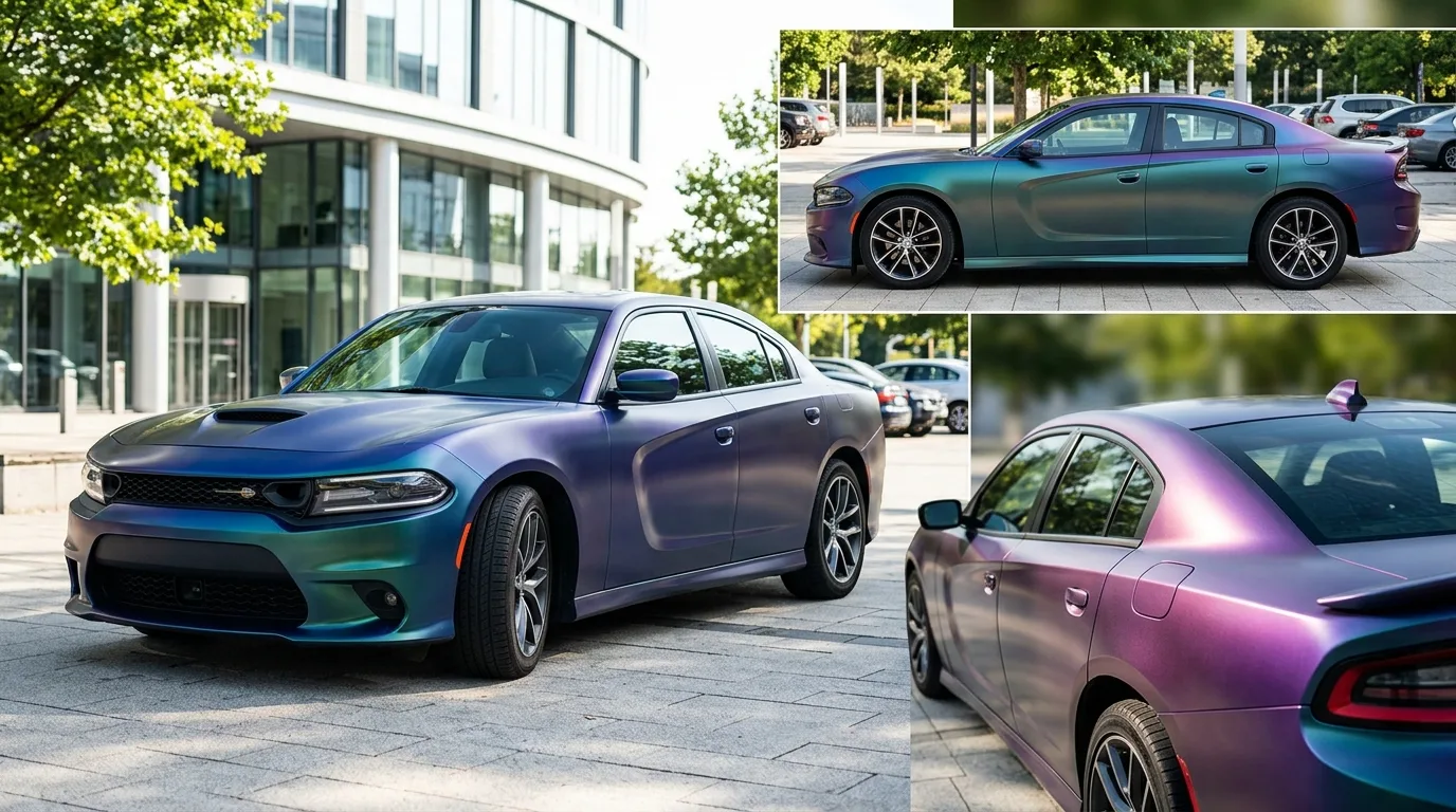 Illustratie van een auto met kameleon folie, vanuit verschillende hoeken gefotografeerd om het effect te tonen.