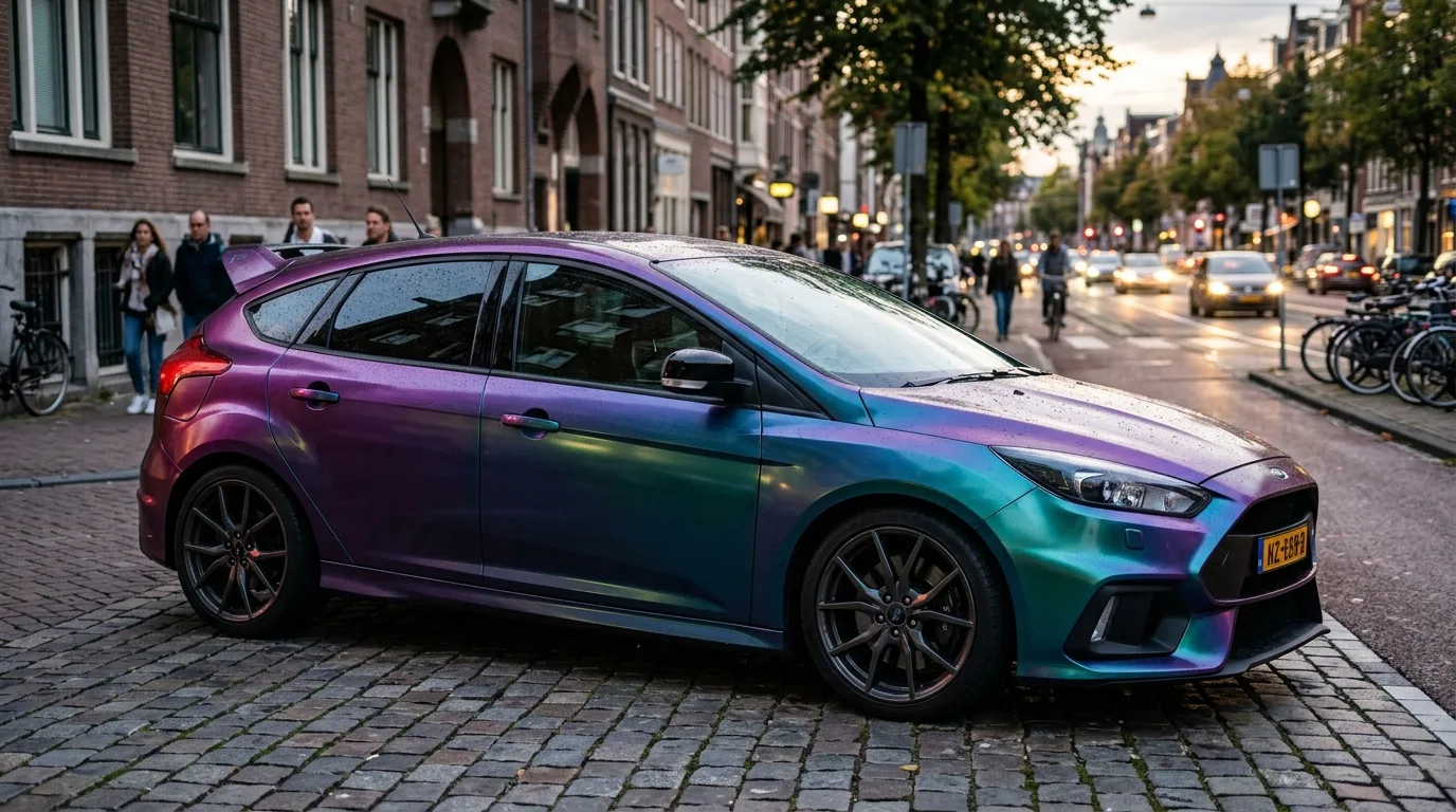 Een auto met kameleon folie die van kleur verandert bij verschillende lichtinval en kijkhoeken.
