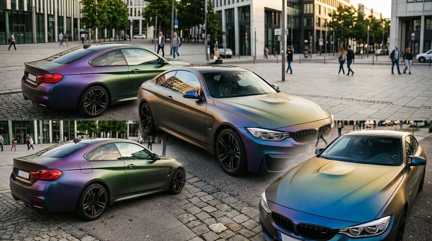 Illustratie van een auto met kameleon folie, vanuit verschillende hoeken gefotografeerd om het effect te tonen.