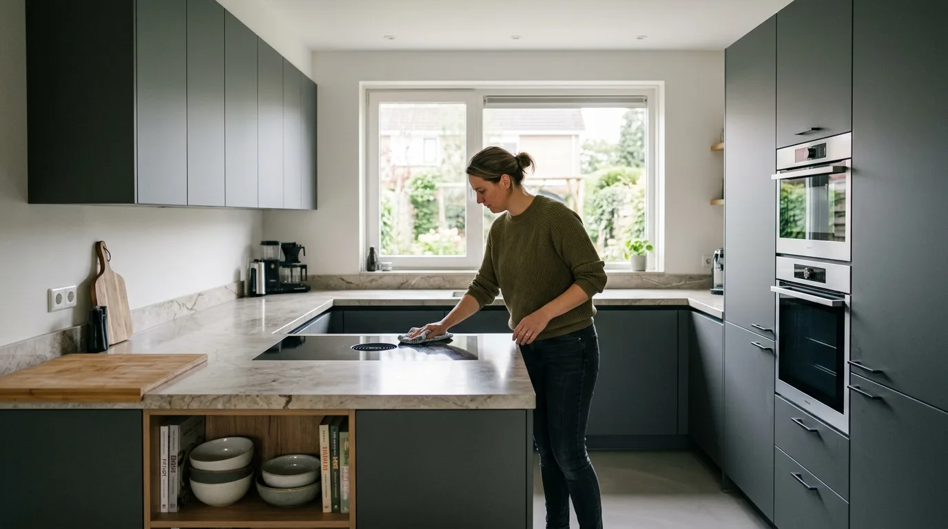 Een moderne keuken met gewrapte kasten en strak gespoten keukendeuren.