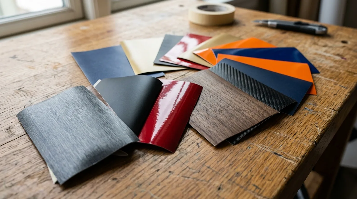 Stalen wrapfolie met verschillende texturen en kleuren, waaronder mat, glanzend en houtlook.
