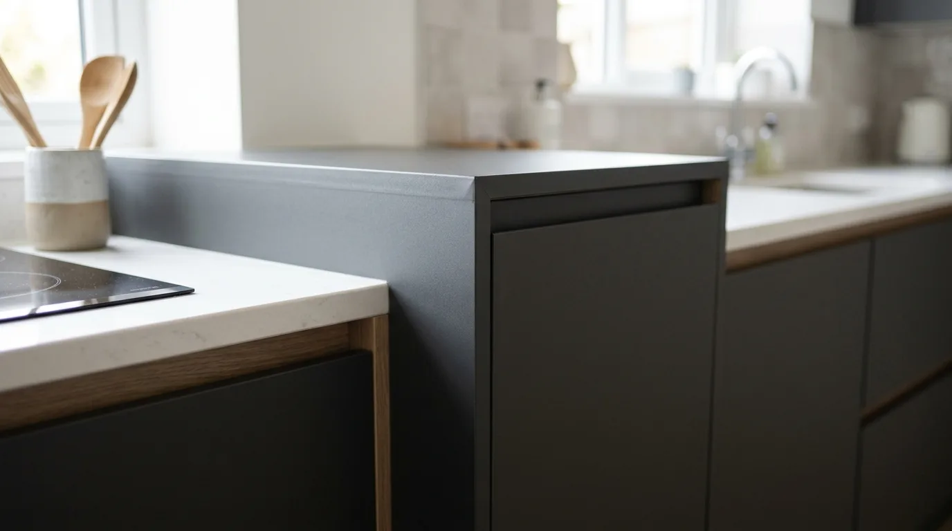 Close-up van een gewrapt keukenkastje met een strakke, moderne afwerking.