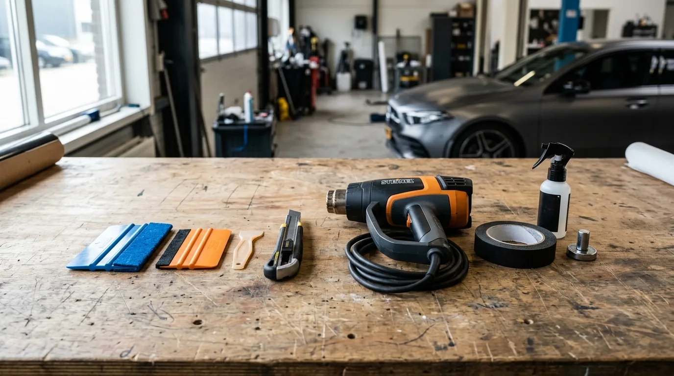 Gereedschap voor wrapfolie, zoals een rakel, stanleymes en heteluchtpistool, geordend op een werkbank.