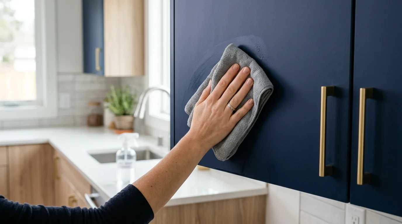 Een hand maakt een gewrapt keukenkastje schoon met een zachte doek en milde reiniger.