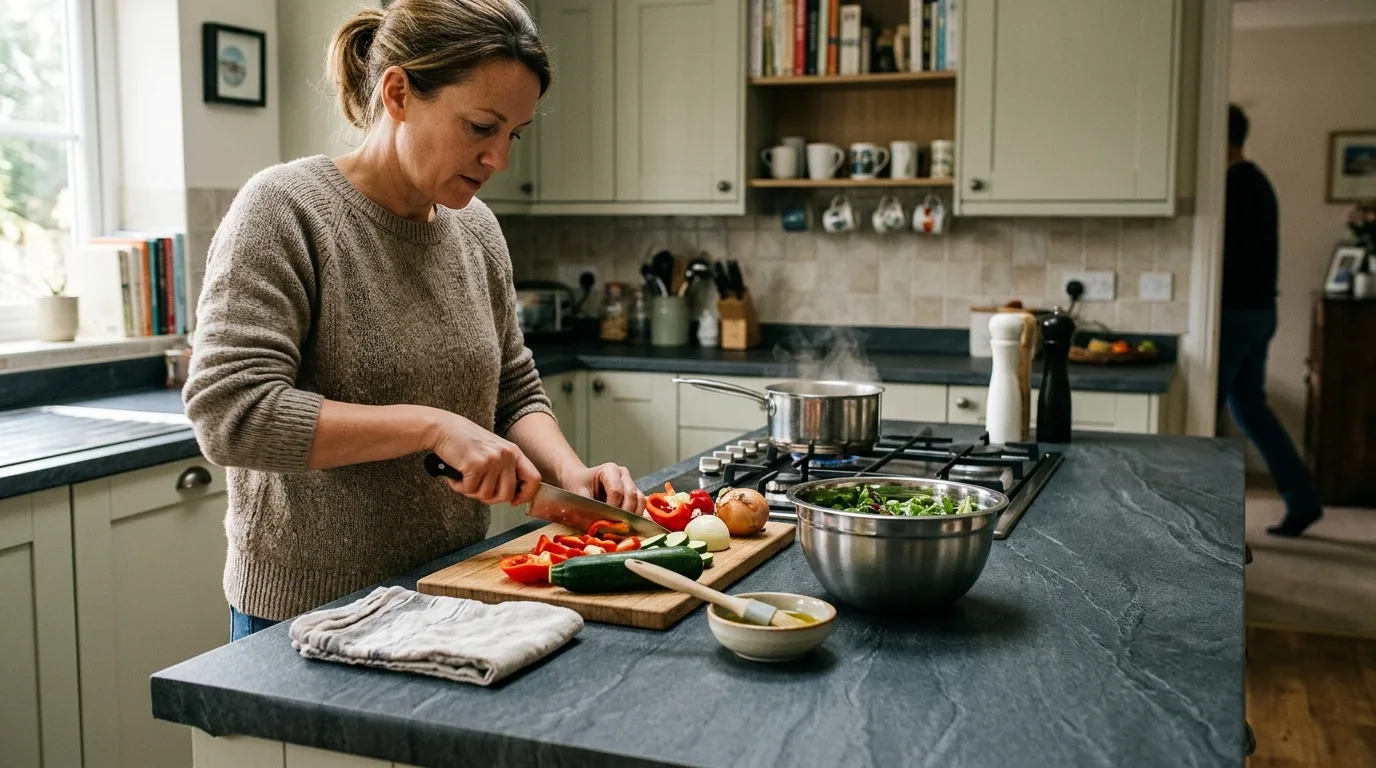 Een gewrapt aanrechtblad in dagelijks gebruik in een moderne keuken.