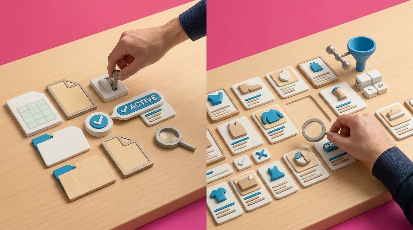 Hand placing an Active status tile among listing cards while another hand checks them with a magnifying glass