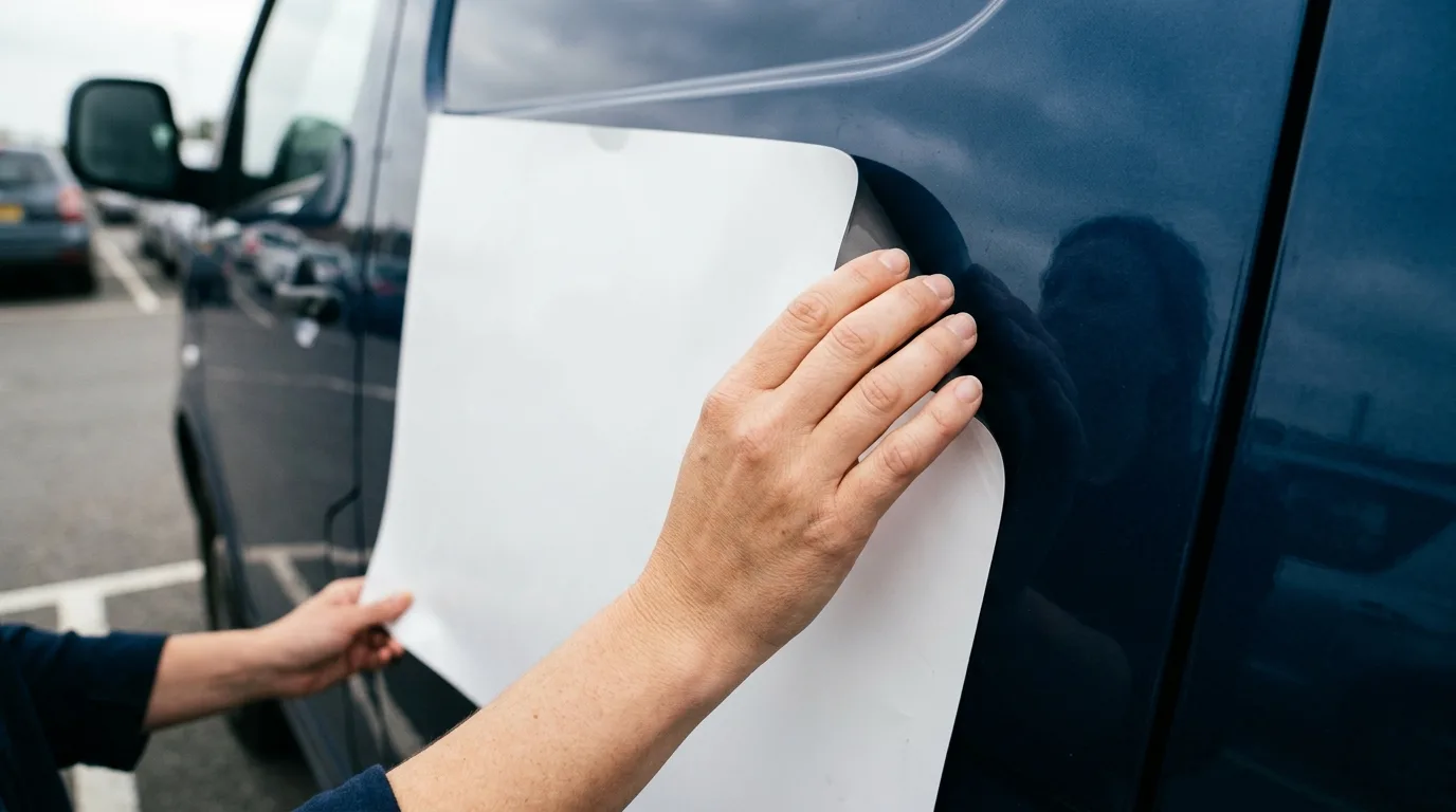 Een close-up van een hand die een magnetische autoreclameplaat op een voertuig plaatst, waarbij de flexibiliteit en het gemak van aanbrengen worden benadrukt.