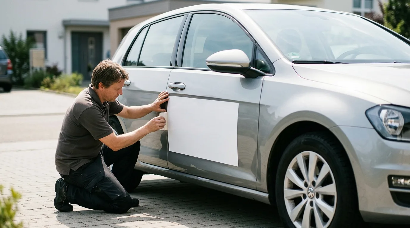 Een persoon die magnetische autoreclame zorgvuldig aanbrengt op de zijkant van een schone auto.