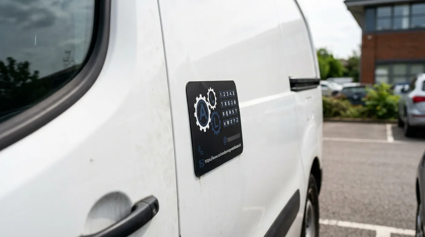 Close-up van een magneetplaat op een auto, met een bedrijfslogo en contactinformatie duidelijk zichtbaar.