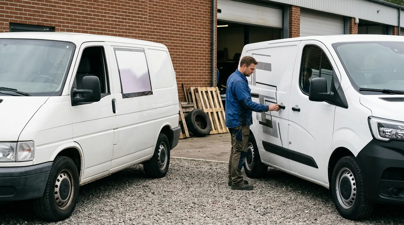 Een auto met een magnetische reclameplaat naast een auto met permanente vinylbelettering, om het verschil te visualiseren.