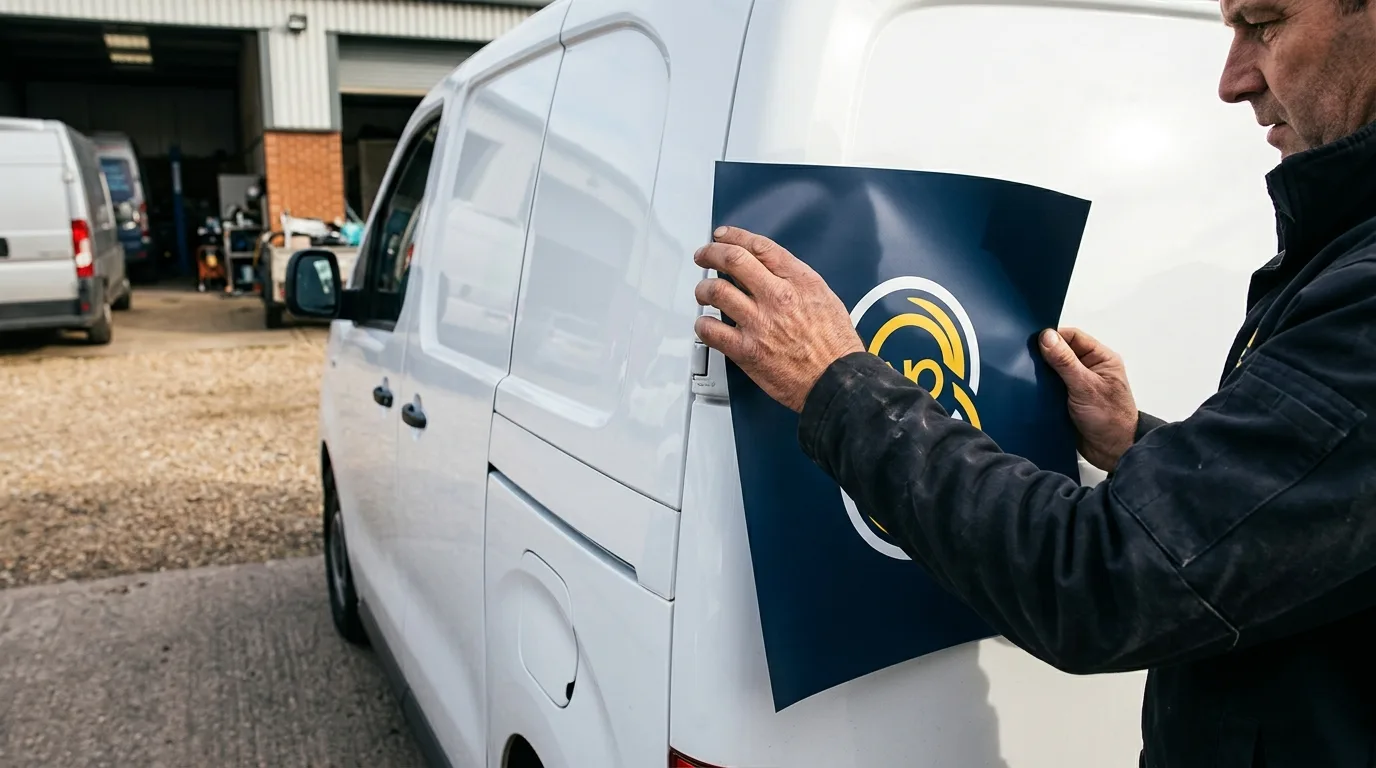 Een close-up van een magneetplaat die op een auto wordt aangebracht. De plaat toont een bedrijfslogo.