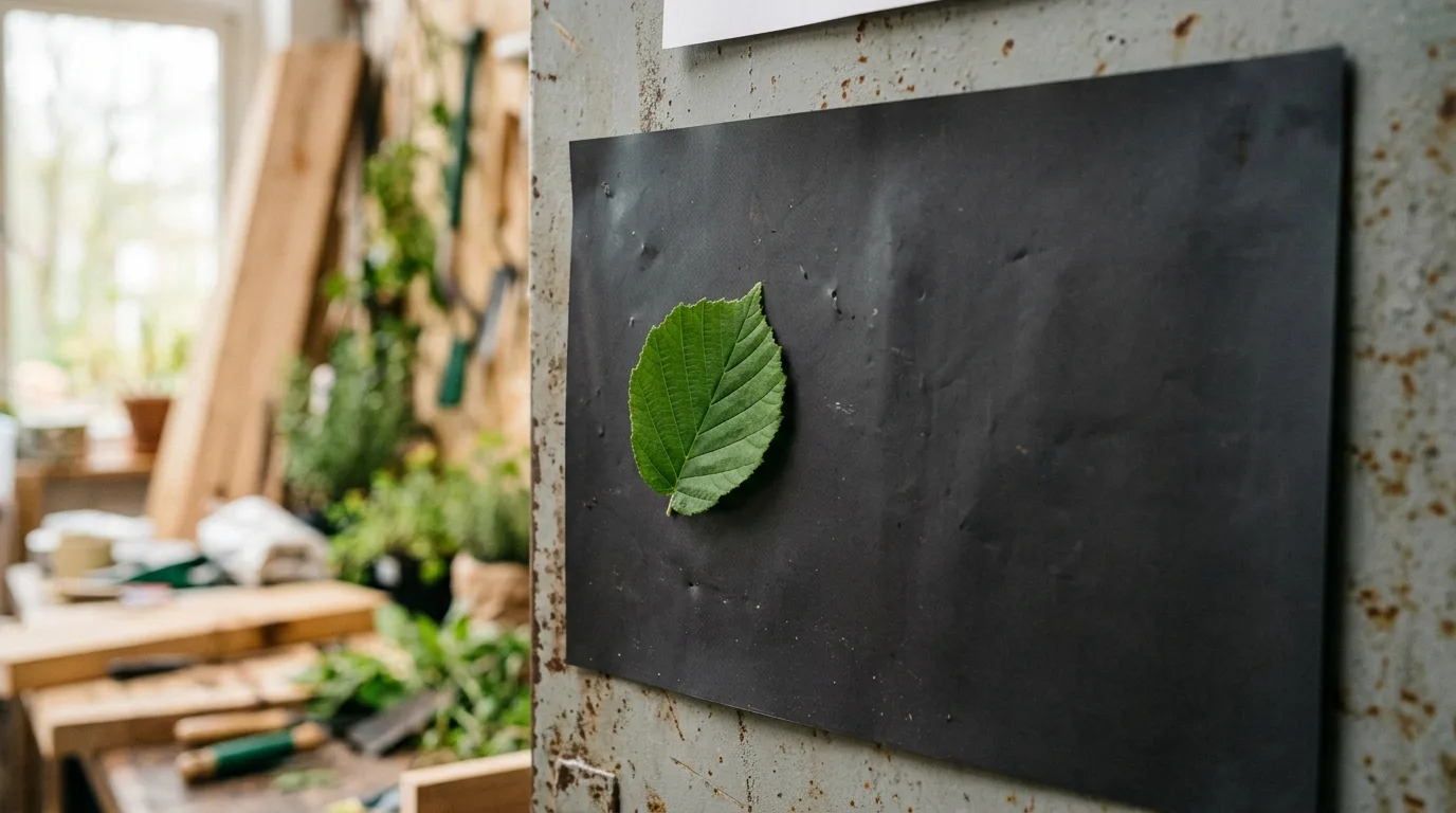 Een close-up van een magneetfolie met een groen blaadje erop, symboliserend duurzaamheid.