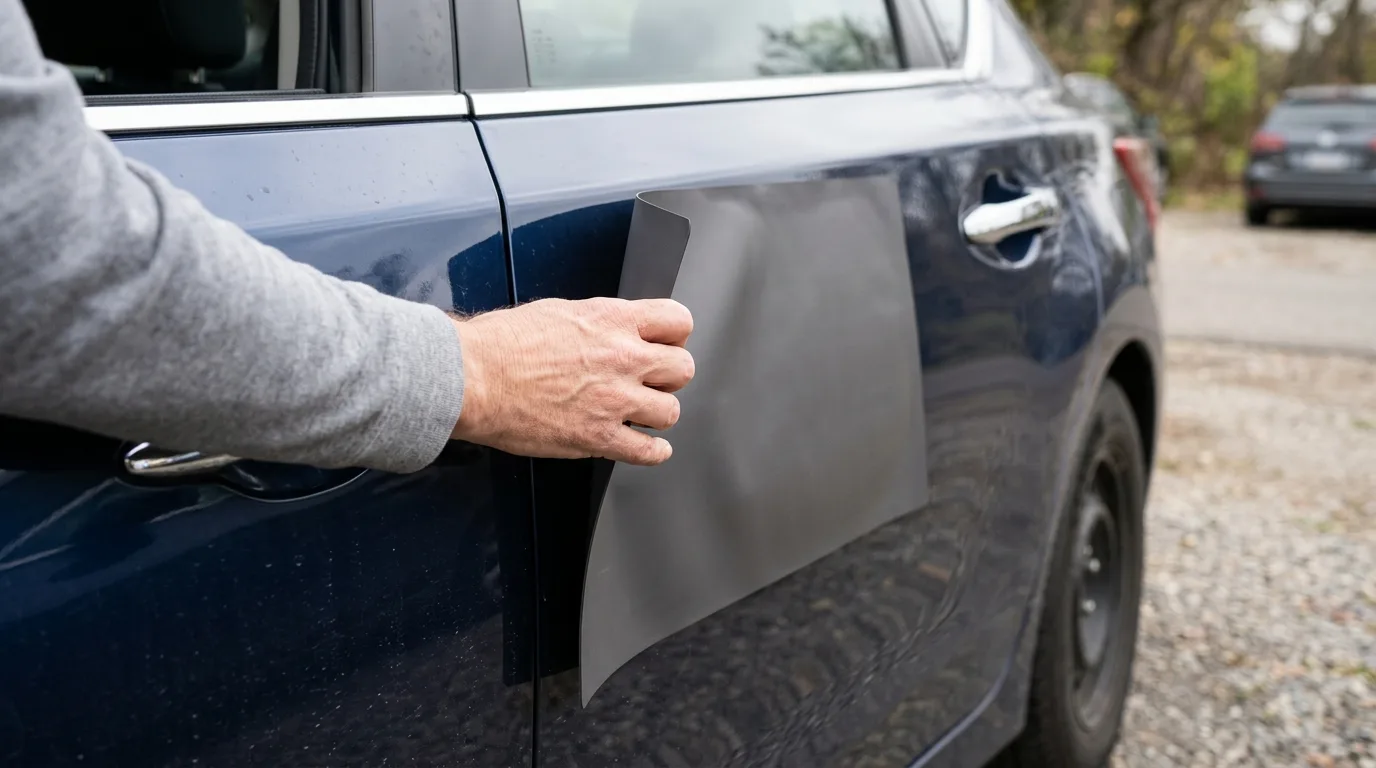 Een close-up van een hand die een magneetplaat op een autoportier aanbrengt.