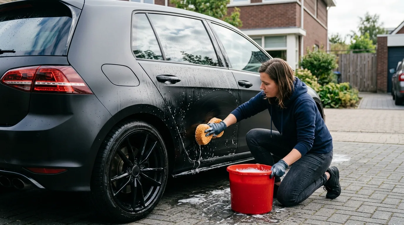 Een persoon die zorgvuldig een matzwart gewrapte auto wast met een spons en een emmer water