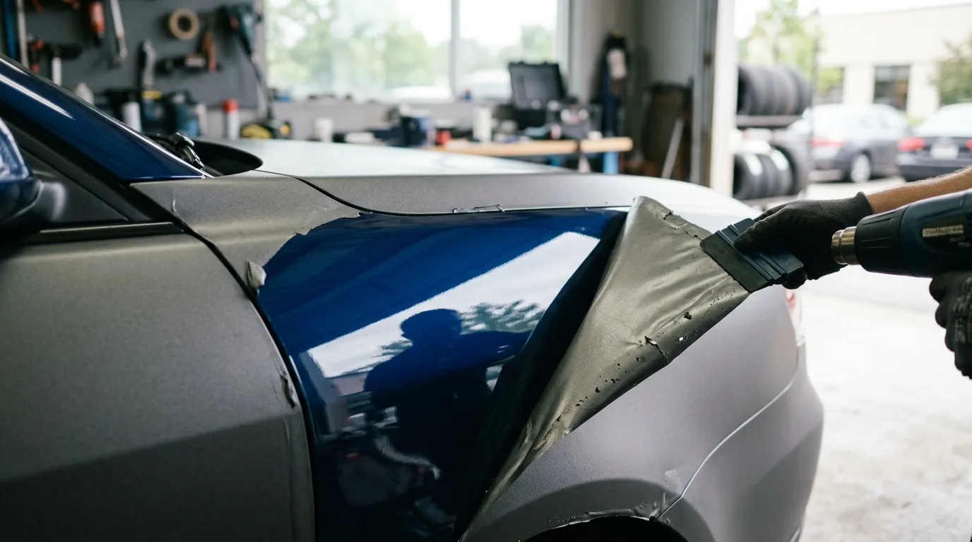 Close-up van een auto-oppervlak waar een deel van de wrapfolie is verwijderd, met daaronder een goed bewaarde originele laklaag