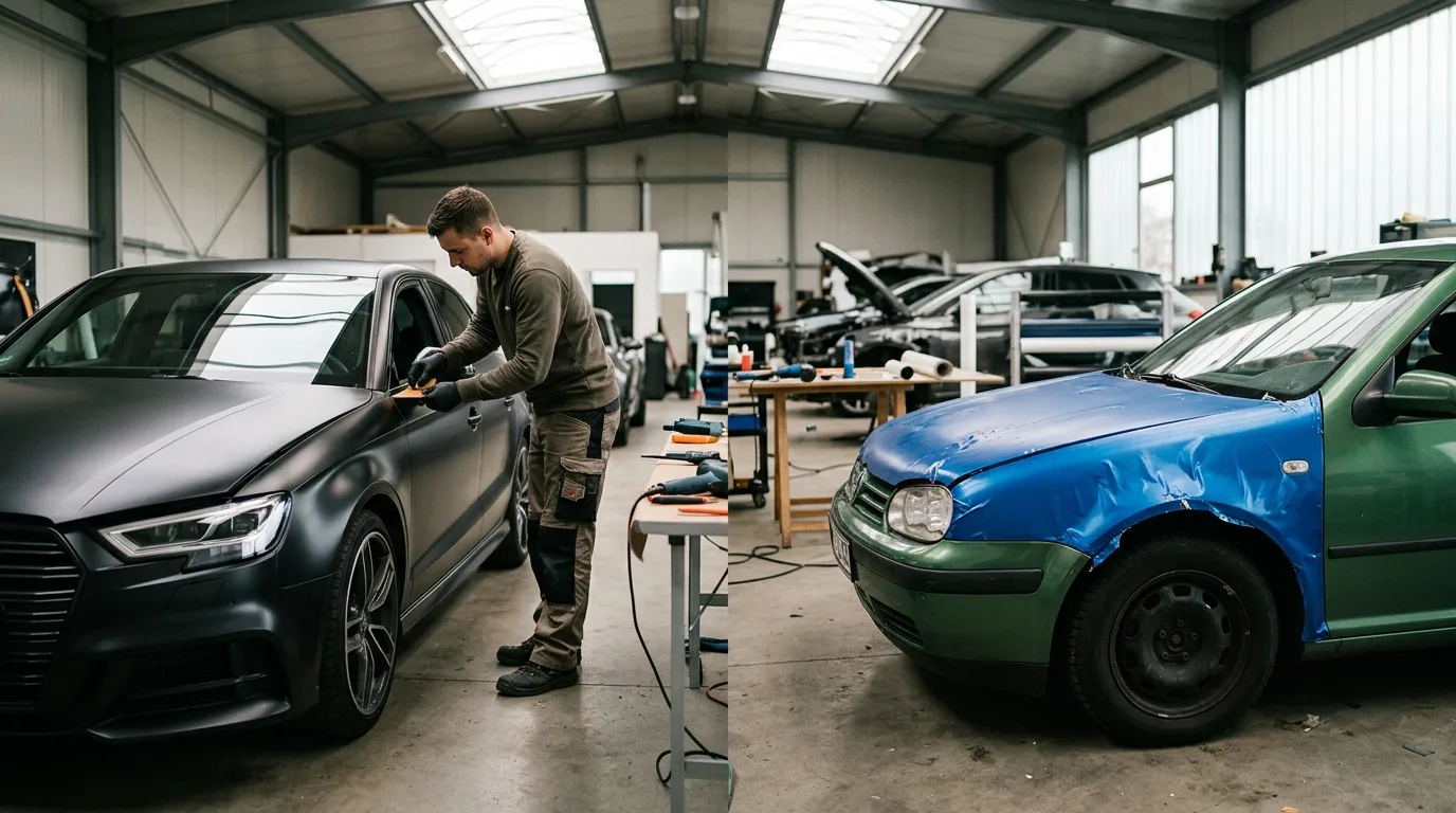 Voorbeelden van professioneel en amateuristisch aangebrachte wraps ter illustratie van het verschil