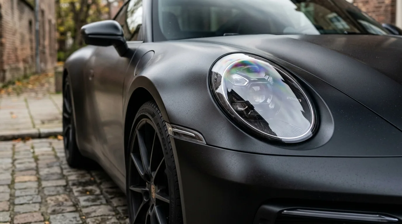 Close-up van een matzwart gewrapt autopaneel waarop de egale afwerking en de diepte van de kleur zichtbaar zijn