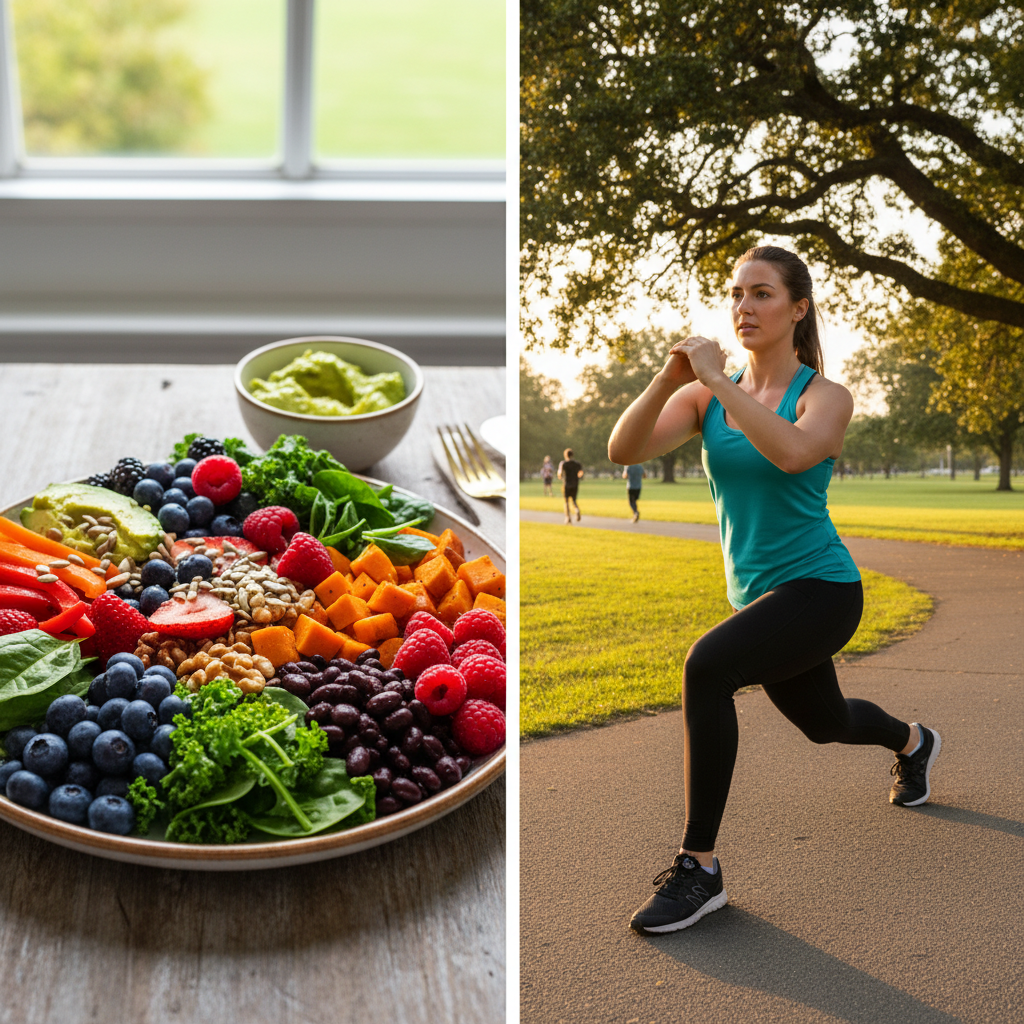A split-image showing a colorful plate of antioxidant-rich whole foods on one side and a person performing moderate-intensity exercise outdoors on the other, symbolizing the dual role of diet and physical activity in supporting cellular energy production