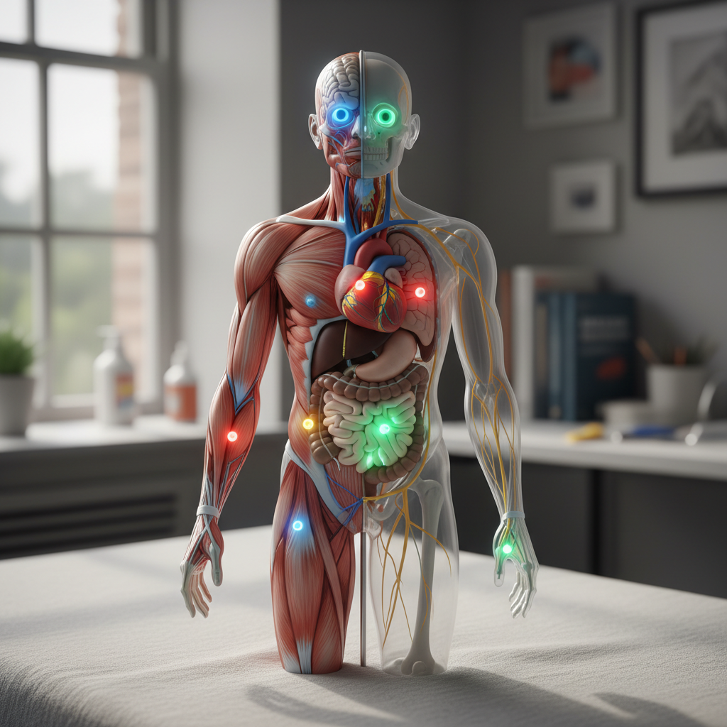 A split-body medical illustration showing organ systems affected by mitochondrial disease, with color-coded indicators for brain, heart, muscles, eyes, and gastrointestinal tract