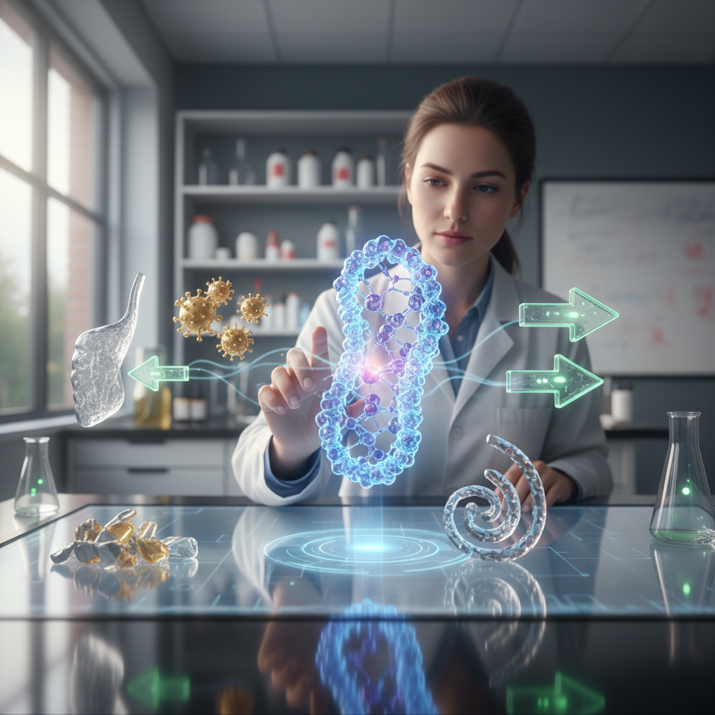 A conceptual illustration showing a researcher examining a 3D molecular model of a mitochondrion, with visual callouts indicating gene therapy vectors, small-molecule drug candidates, and transplantation arrows, representing the spectrum of emerging treatment strategies.